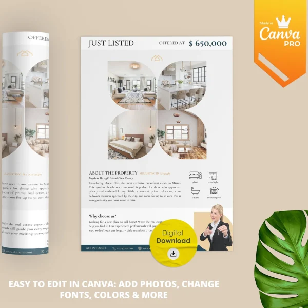 Real Estate Just Listed Flyer for Canva Pro, Editable and Printable Template
